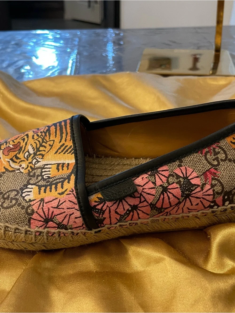 Gucci Beige GG Canvas Espadrilles with Pink & Orange Tiger Motif